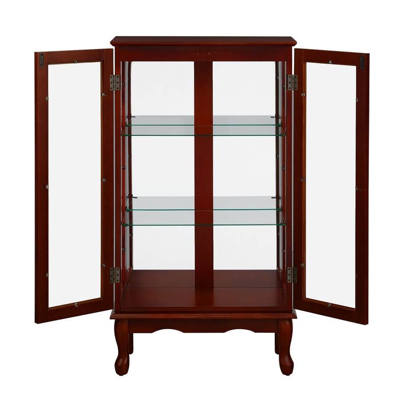 Curio Cabinet Lighted Diapaly Cabinet Wooden Shelving Unit with Adjustable Shelves and Mirrored Back Panel, Tempered Glass Doors