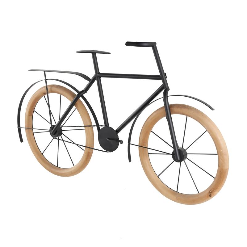 Black Metal Bike Home Wall Decor with Brown Wooden Wheels