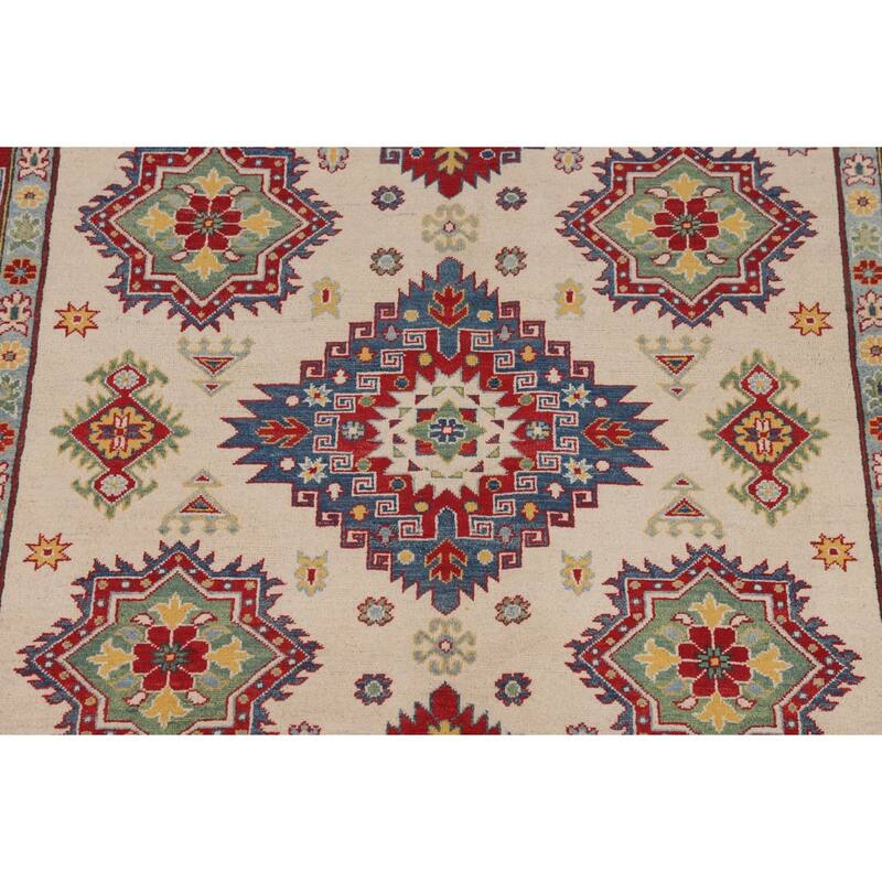 Beige / Ivory Traditional Kazak Oriental Area Rug Handmade Wool Carpet - 6'7" x 9'10"