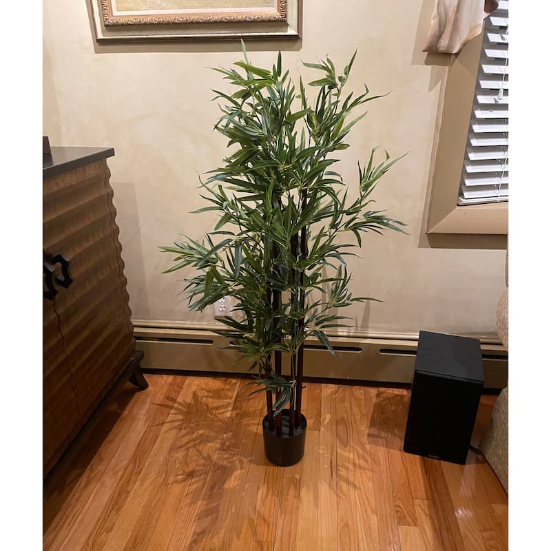 49" Artificial Bamboo Tree with 6 Black Trunks In A Pot - Green - 50