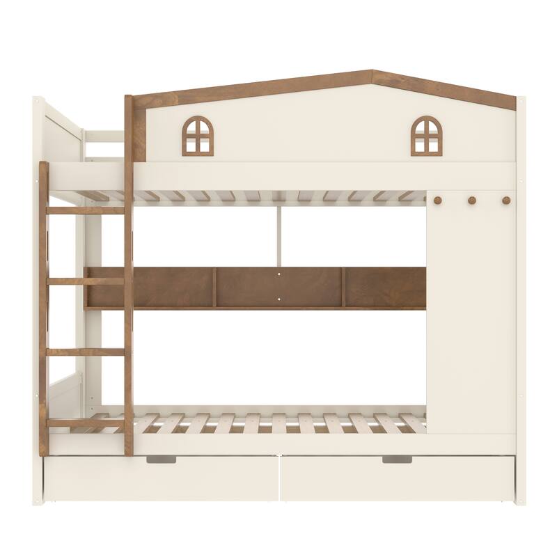 Queen over Queen Bunk Bed with Storage Drawers and Shelves, Solid Wood Bunk Beds with hooks, No Box Spring Needed