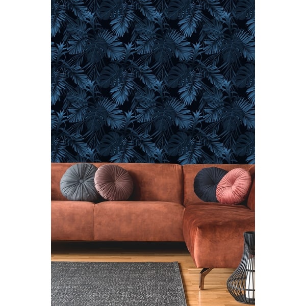 Dark Blue Leaves Peel and Stick Wallpaper - - 32616799