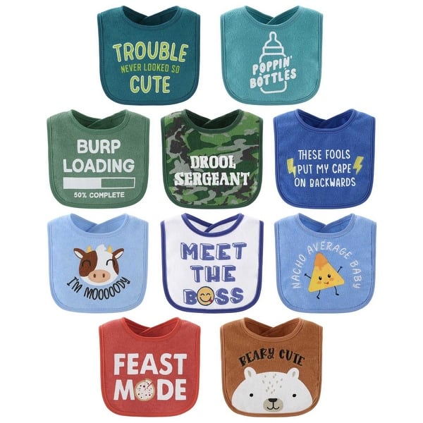 slide 2 of 6, The Peanutshell Baby Boy Bibs Set, Terry Cloth, Eating, Drooling, Teething Funny Sayings in Camo, Green, Blue, Red, 10 Pack