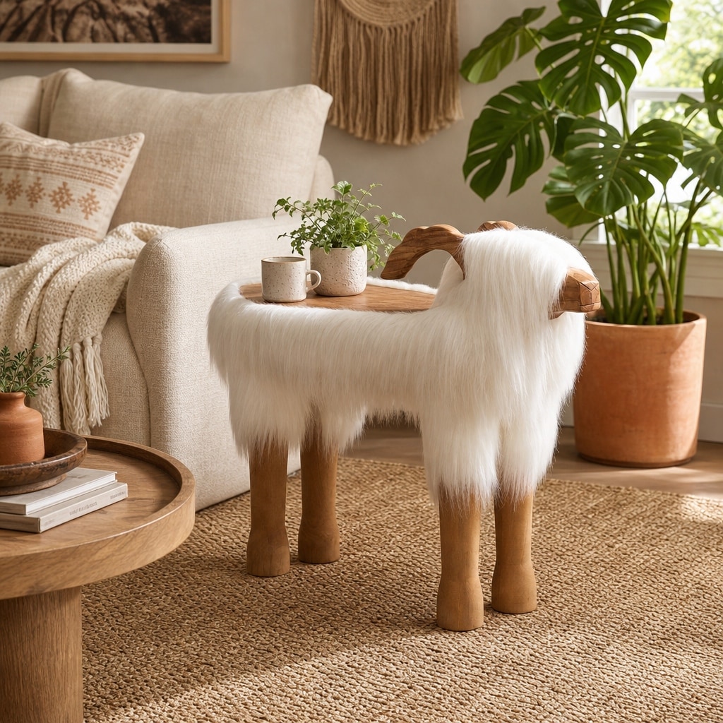 Decorative Figurine - Faux Fur on Teak Wood Sheep - 29.25"