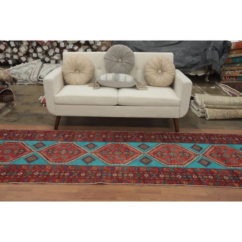 Hand Knotted Oriental 100% Wool Carpet Traditional Tribal Navy Blue & Blues Ardebil Runner Rug - 13' 9'' X 3' 6''