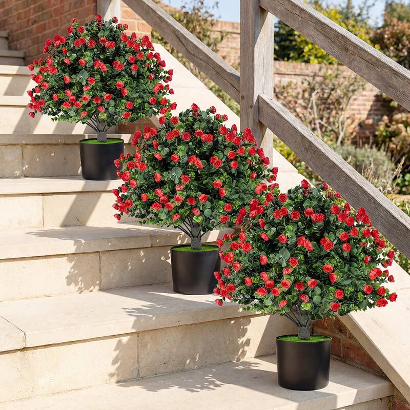 Gymax 2 Pack Artificial Rose Topiary Ball Trees w/PP Cement-Filled - Green & Red & Black