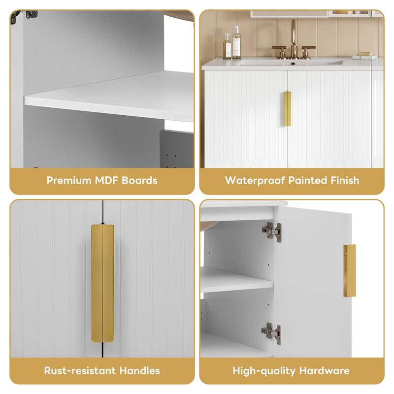60" Wall Mounted Bathroom Vanity with Ceramic Sink, Soft Close Doors & Adjustable Shelf, MDF Solid Wood Cabinet