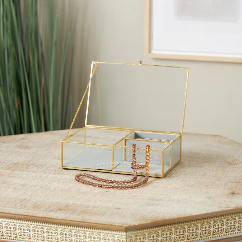 Clear Glass Jewelry Box with Gold Metal Frame and Gray Fabric Interior with Ring Slots - Clear - 9"W, 3"H