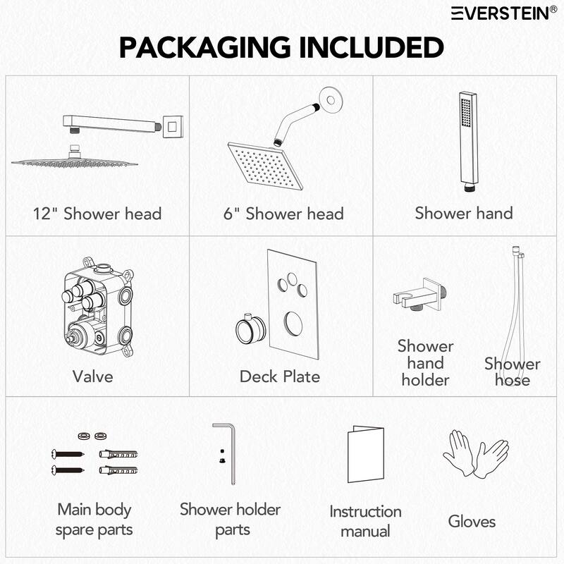 Thermostatic Shower Faucet 12" and 6" High-Pressure Dual Showerheads with Handheld Shower