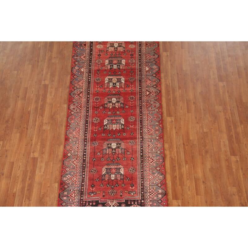 Geometric Hamedan Persian Vintage Runner Rug Hand-Knotted Wool Carpet - 3'9"x 9'5"