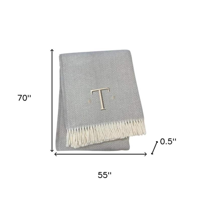 HomeRoots 55" X 70" Gray And White Herringbone Cotton Blend T Initial Throw Blanket with Tassels And Embroidery