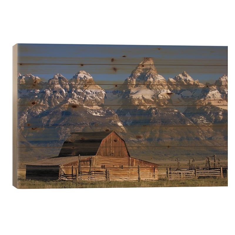 Cunningham Cabin In Front Of Grand Teton Range, Wyoming Print On Wood by Pete Oxford - Multi-Color - 26x40x1.5
