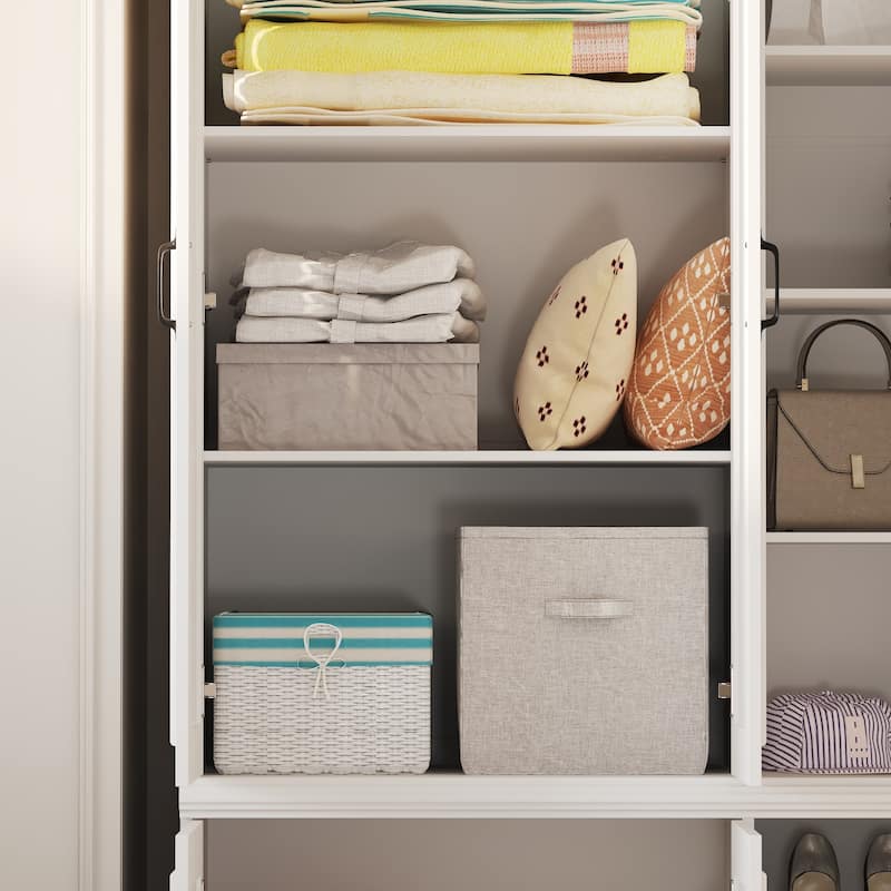 White Wardrobe Closet with Adjustable Shelves Solid Wood Frame Storage Cabinet for Home Organization