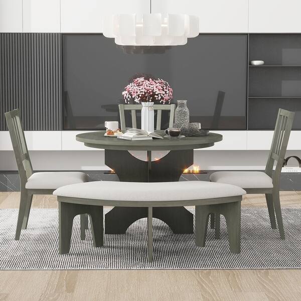 5-piece Rustic Charm Round Dining Set with 3 Upholstered Chairs and Curved Bench for Dining Room, Kitchen and Living room