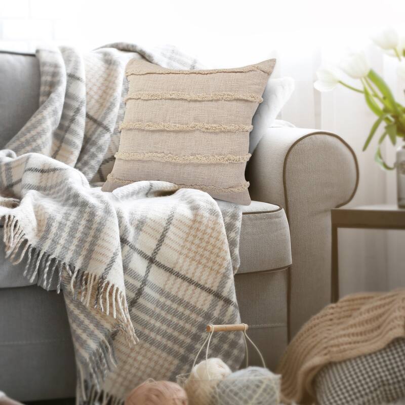 Over-Tufted Striped Square Throw Pillow - 20" - Beige