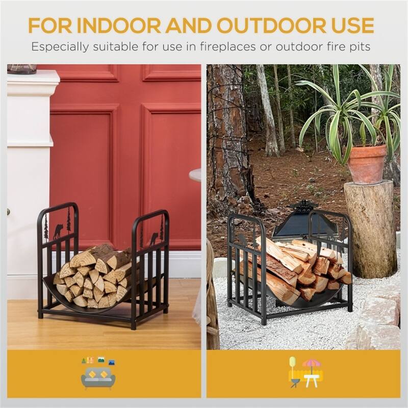 Bear and Tree Firewood Rack Powder Coated Steel Indoor Outdoor Wood Holder Black - 16.5" L x 13.25" W x 17" H