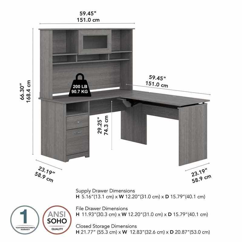 60W 3-position L-shaped Sit to Stand Desk with Hutch by Bush Furniture