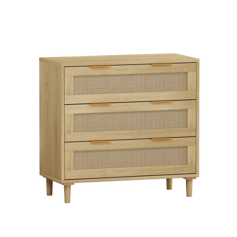 Anmytek Mid Century Modern Oak Wood Storage Cabinet with 3 Rattan Drawers for Bedroom and Living Room