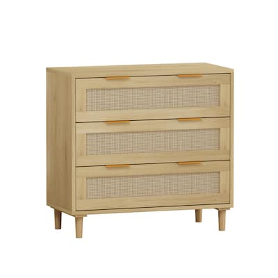 Oak 3-drawers Rattan Storage Cabinet - 31.5"L x 15.55"W x 30.12"H