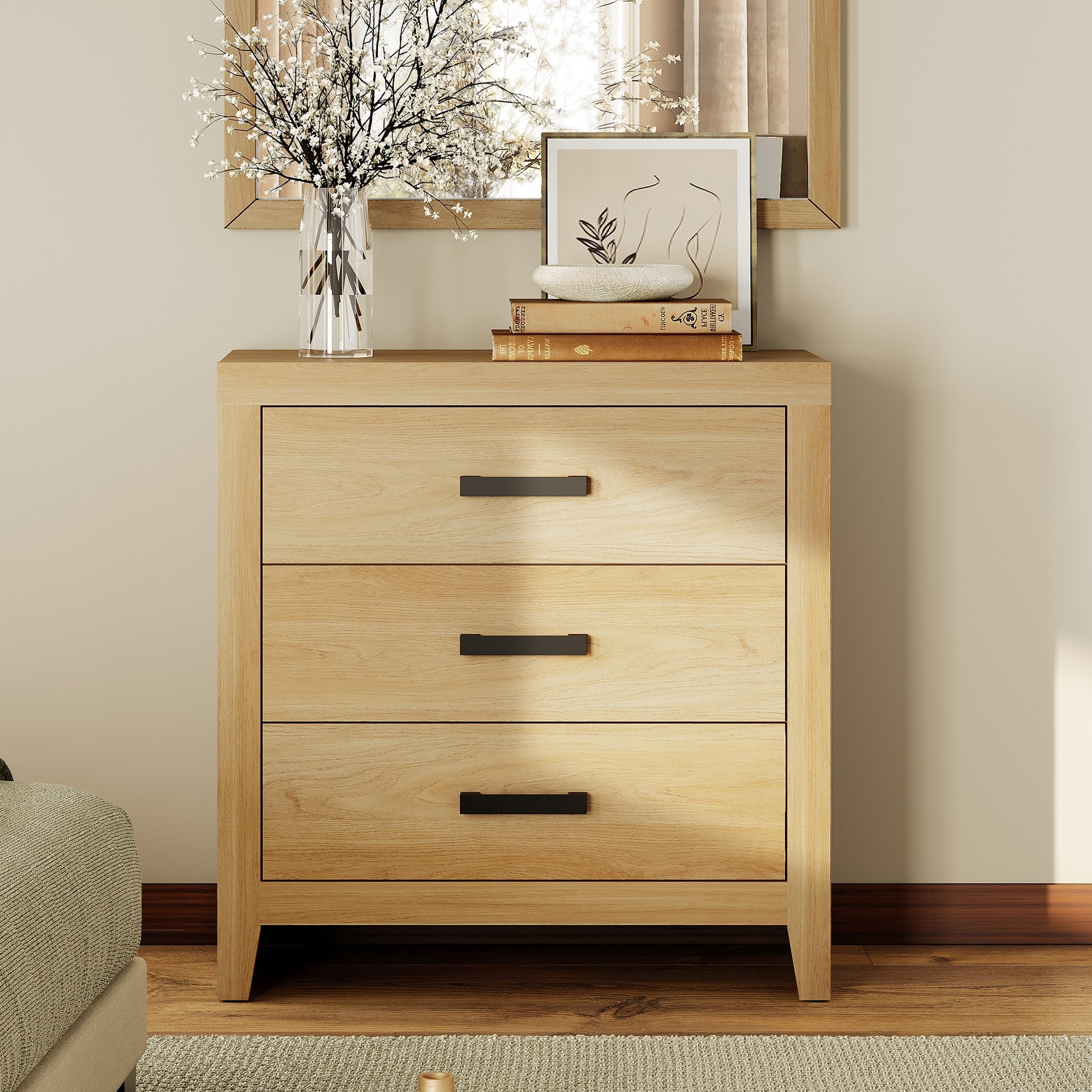 WAMPAT Farmhouse Nightstand with 3 Drawers, Large Wood Bedside Table