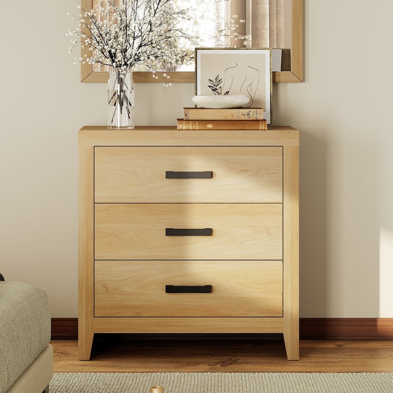 WAMPAT Farmhouse Nightstand with 3 Drawers, Large Wood Bedside Table - Oak - 3-drawer