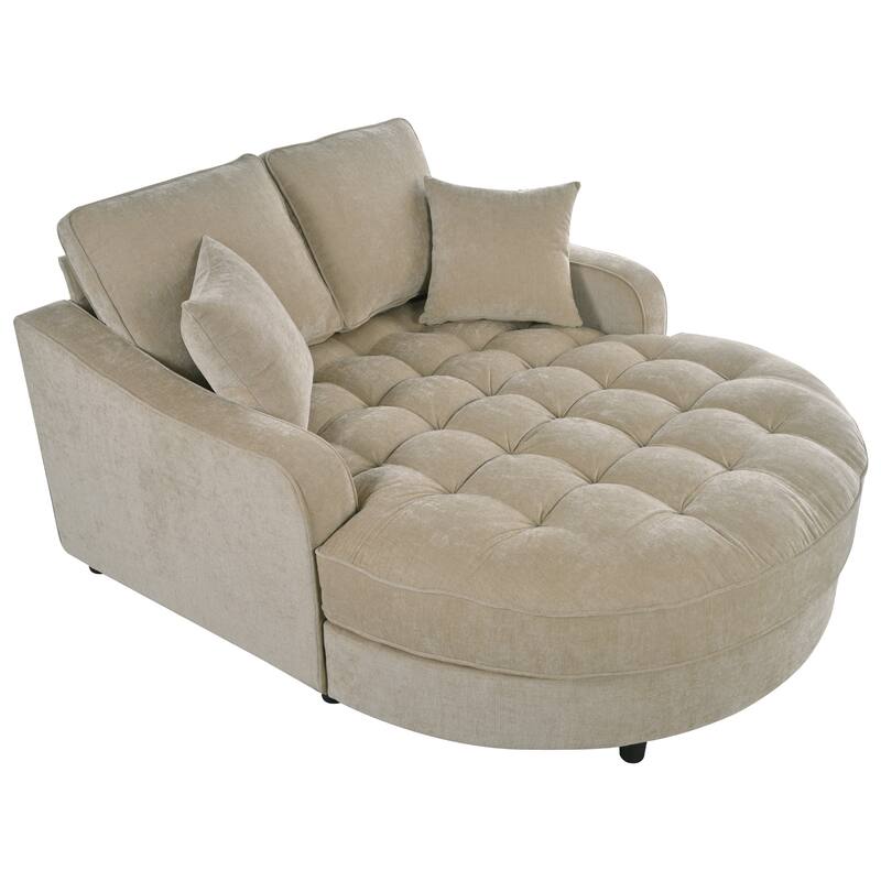55" Champagne Chenille Chaise Lounge Sofa Bed with Tufted Seat and Detachable Pillows