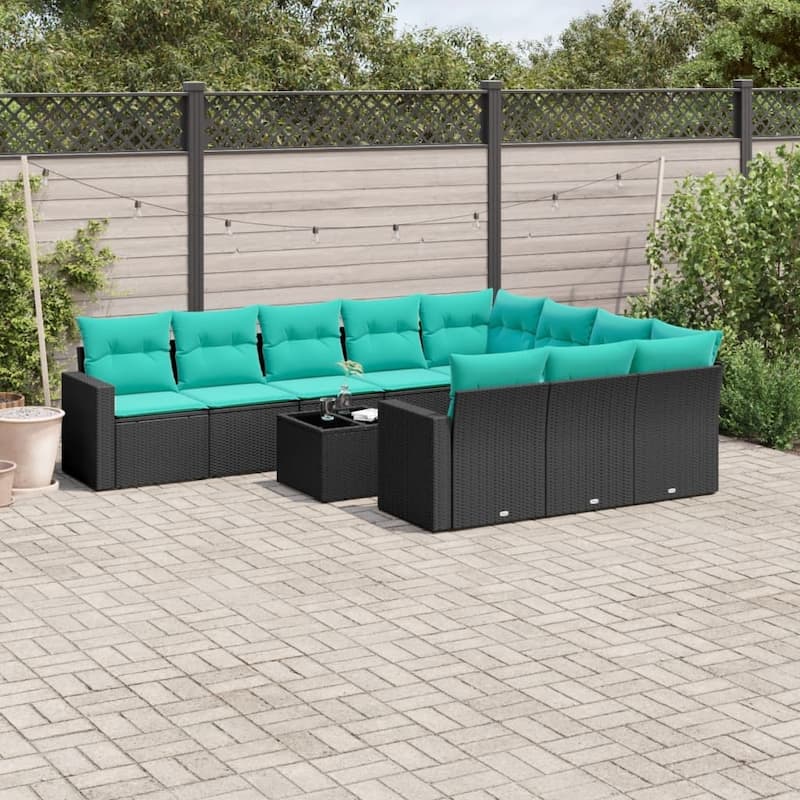 vidaXL 11 Piece Patio Sofa Set with Cushions Black Poly Rattan - 24.4" x 24.4" x 27.2"