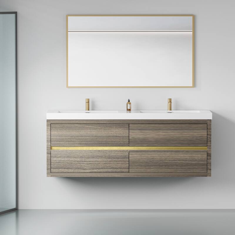 GDFStudio - Maxwell Floating Bathroom Vanity with Stone Resin Countertop & Soft-Close Drawers - 60" - Grey