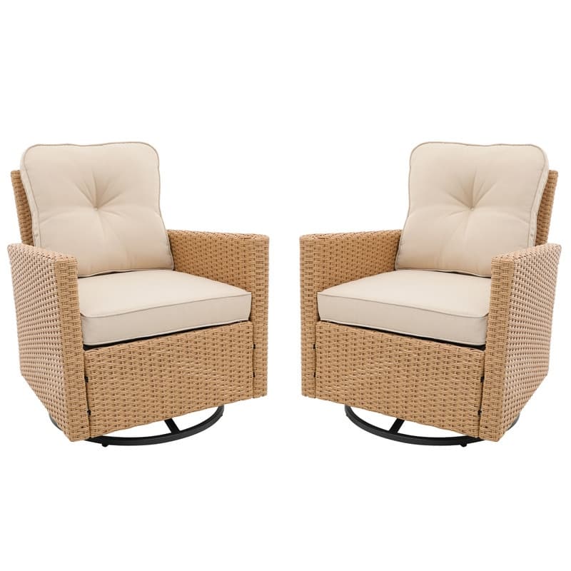 Patio Watcher 2 Pieces Outdoor Beige Rattan 360 Degree Swing Patio Conversation Chair Set with Cushions