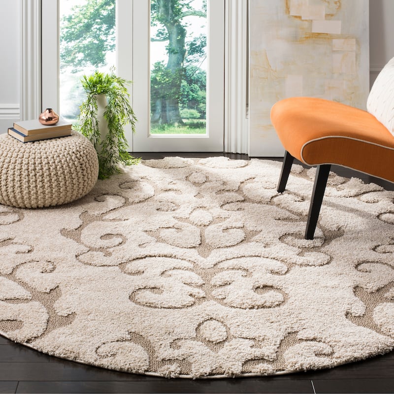 SAFAVIEH Florida Shag Valdemara Scroll Area 1.2-inch Thick Rug - 6'7" Round - Cream/Beige - Round