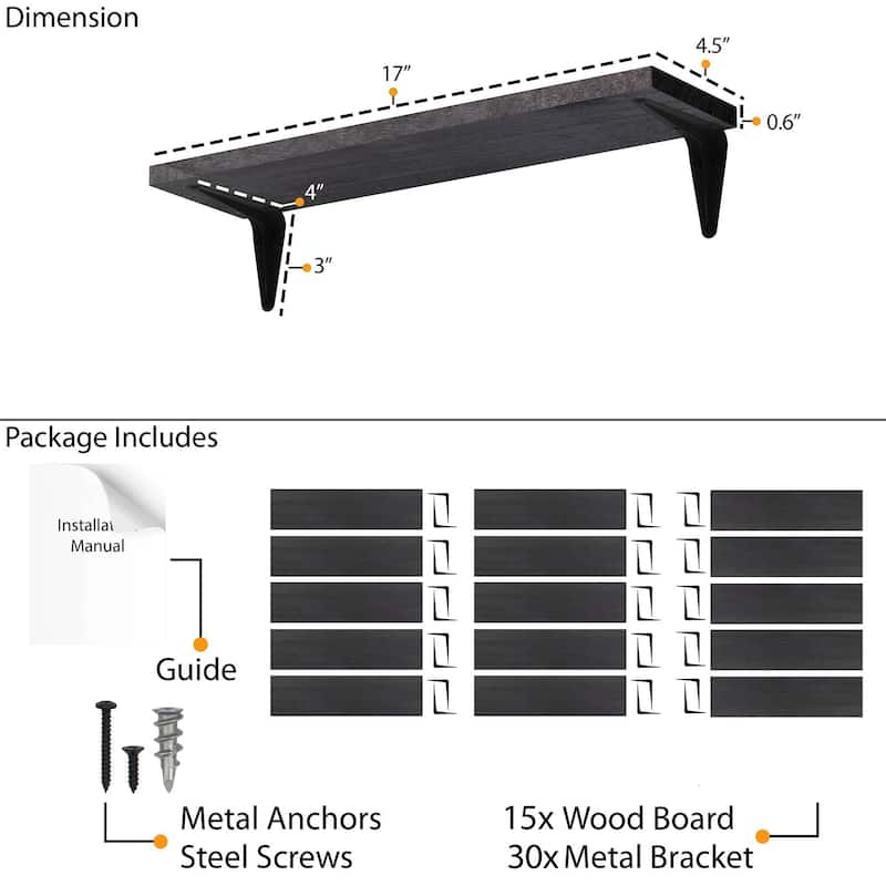 Wallniture Arras 17x4.5" Floating Bookshelves, Hanging Shelves for Living Room, Farmhouse Decor, Custom Finish and Piece Options