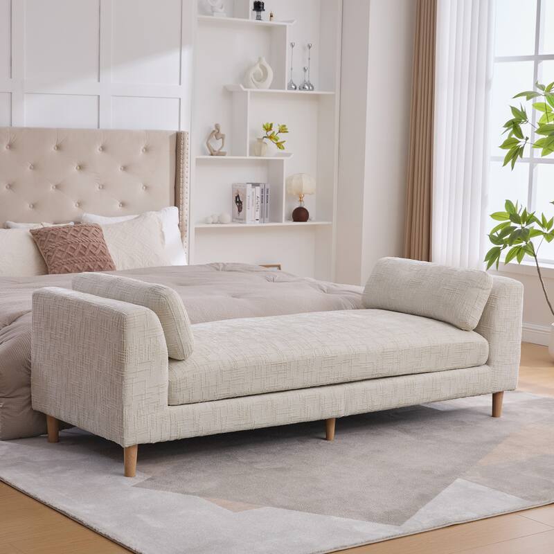 Modern 83.1" Upholstered End of Bed Bench with Armrests, Chenille Accent Reading Bench with Pillows and Wood Legs for Bedroom