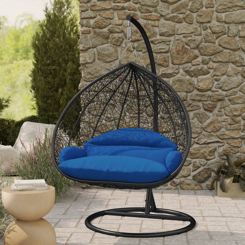 2-Person Outdoor Hanging Egg Chair with Teardrop Frame, Weather-Resistant Cotton Cushioned Seat for Patio and Indoor Use