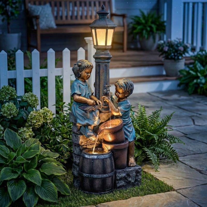 Vbal 3-Tier Outdoor Fountain with Kid and Owl Figures with LED Lights Weather Resistant for Outdoor Decor
