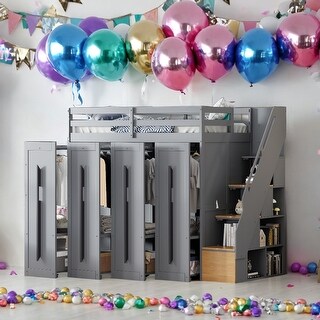 Kids and Baby Twin Size Loft Bed with Two-Tone Storage Stairs and Pull-Out Wardrobes