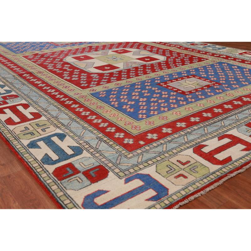 Hand Knotted Oriental 100% Wool Carpet Traditional Geometric Multi-Colored Kazak Area Rug - 11' 4'' X 8' 5''