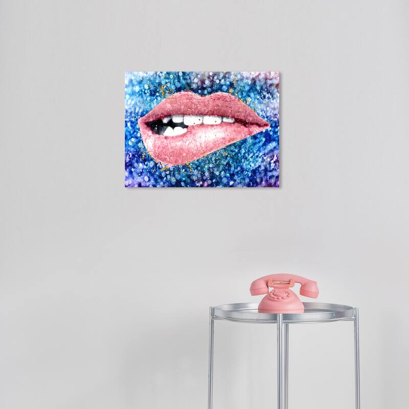 Wynwood Studio Fashion and Glam Glimmering Blue Lip Bite Blue and Glam Wall Art Canvas Print - 20 x 16