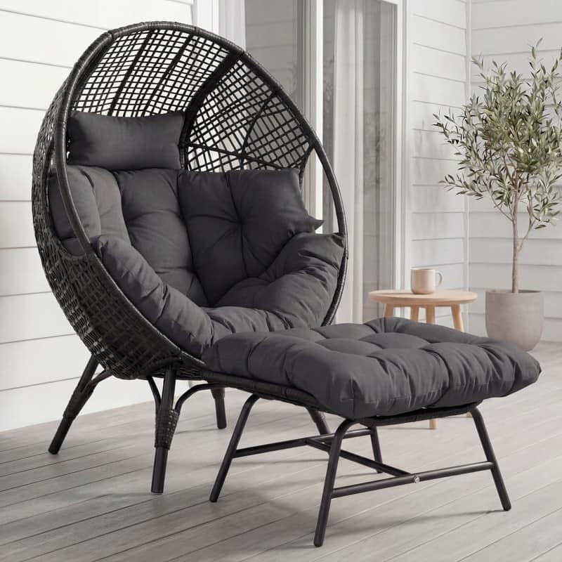 Oversized Wicker Egg Chair with Ottoman, 6.5" Thick Cushions, 440 lb Capacity, Stationary Boho Indoor/Outdoor Lounge Chair - Dark Grey