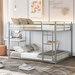 Full over Full Size Metal Low Bunk Bed with Ladder and Fence for Kids' Bedroom