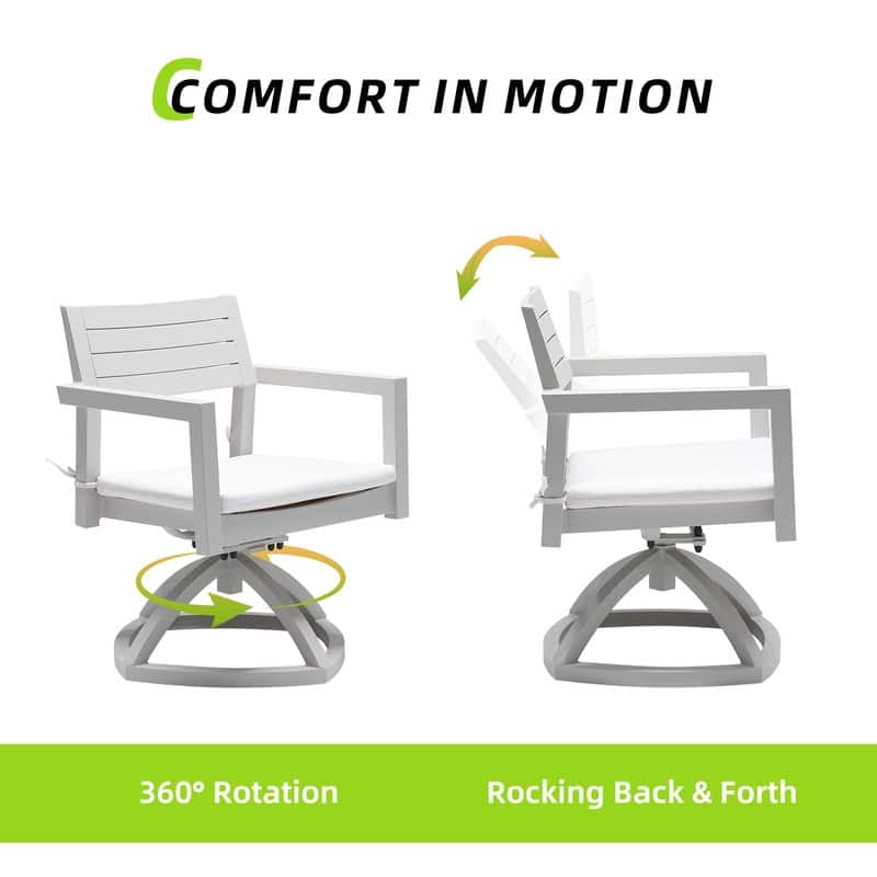 7-Piece Aluminum Patio Set – 4 chairs, 2 swivel rockers (Sunbrella cushions),and a white/gray two-tone table with umbrella hole.
