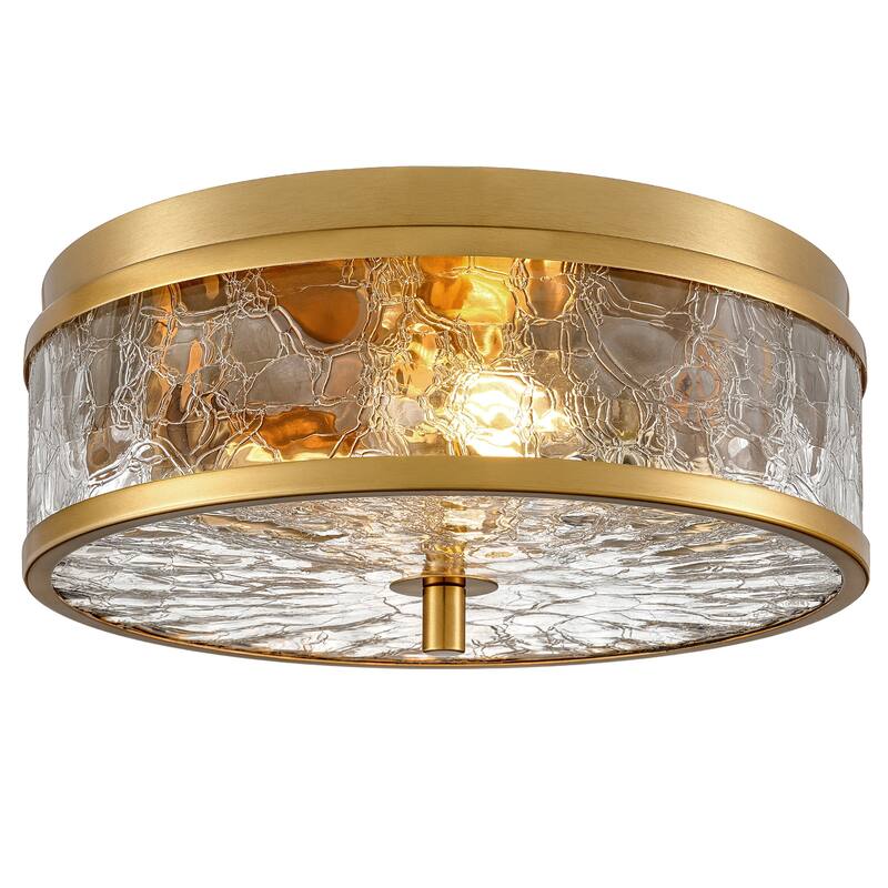 2-Light Farmhouse Drum Flush Mount Ceiling Light with Glass Shade - 12 inch - Gold with Crackled Glass