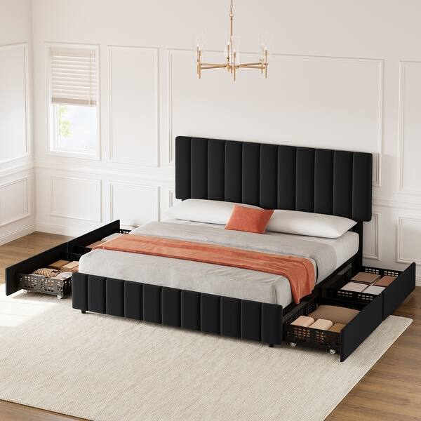 Queen Size Bed Frame with 4 Storage Drawers