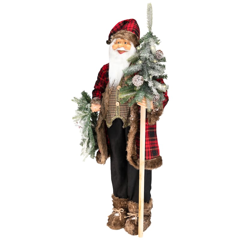 Plaid Standing Santa with Wreath & Alpine Tree Christmas Figure - 4'