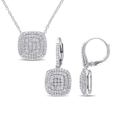 Miadora 1 1/2ct TDW Diamond Double Halo Leverback Earrings Pendant Chain Set Sterling Silver