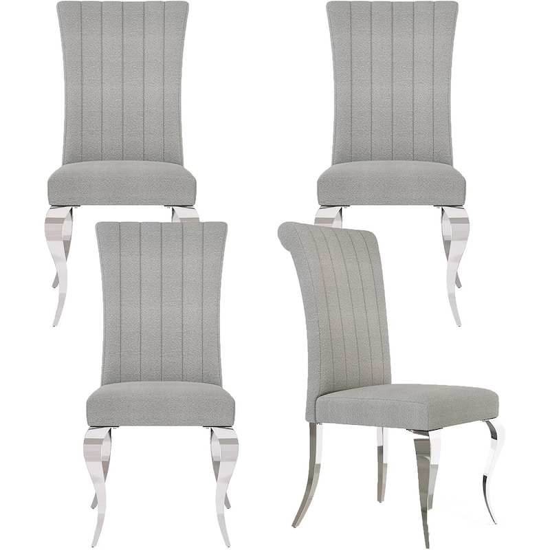Luxurious Grey Upholstered Dining Chairs with Mirrored Silver Cabriole Legs - Set of 4 - Silver