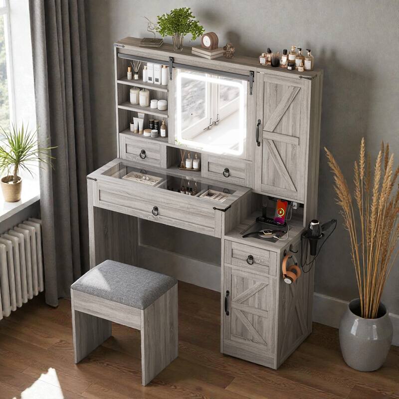 Farmhouse Vanity Desk with Sliding LED Mirror and Lights, Glass Top Vanity Set with Charging Station