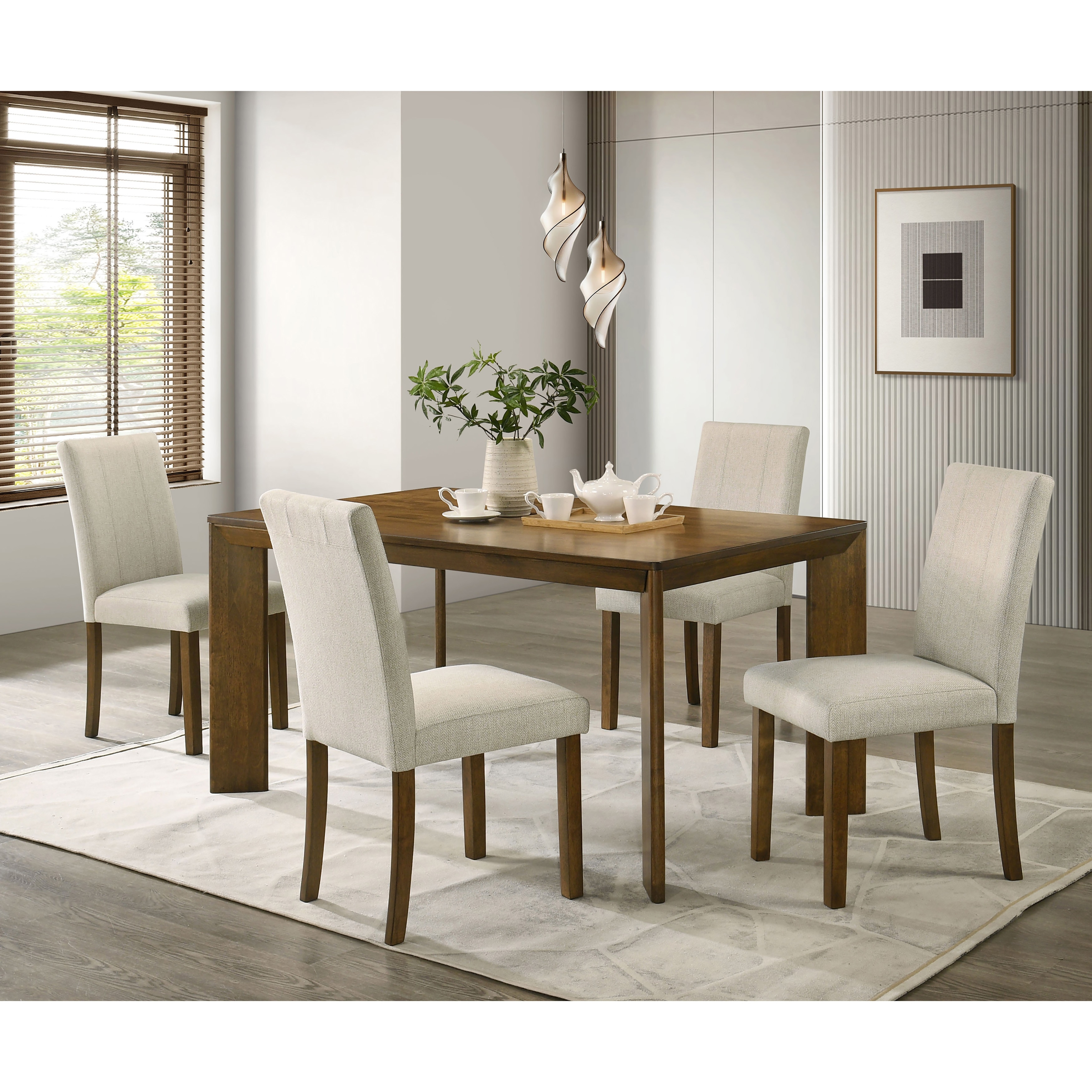 Furniture of America Arveta 5-Piece Antique Brown Wood Dining Table Set with Beige Upholstered Side Chairs