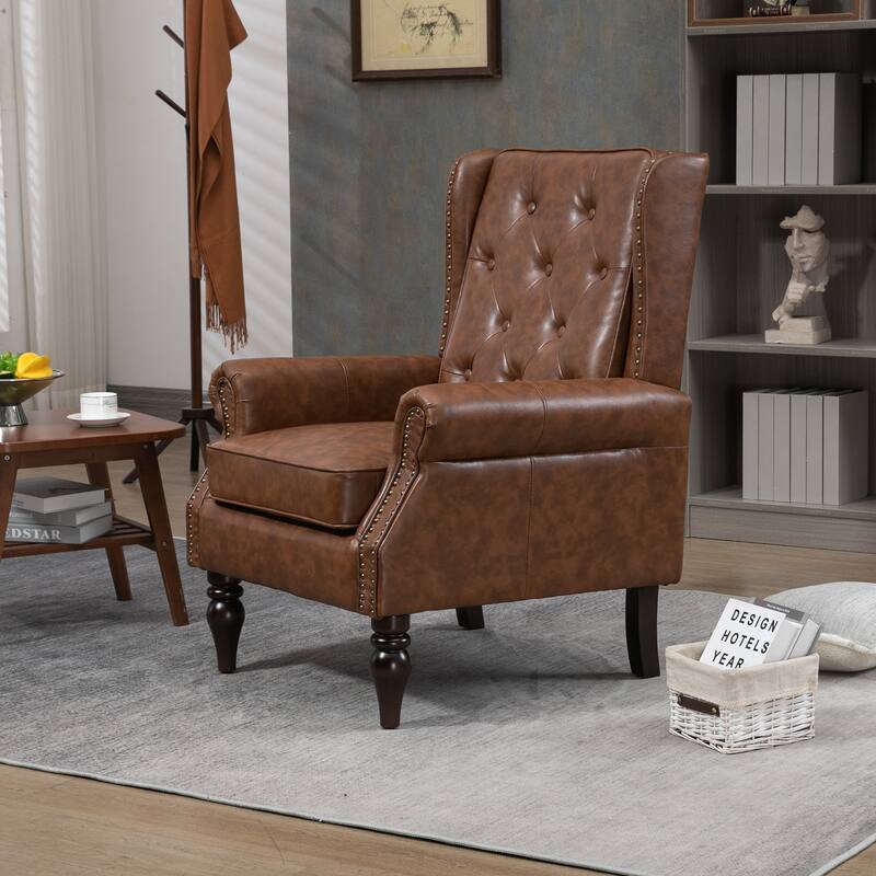 PU Leather Upholstered Accent Chair, Button Tufted Wingback Armchair, Leisure Reading Chair with Solid Wood Legs