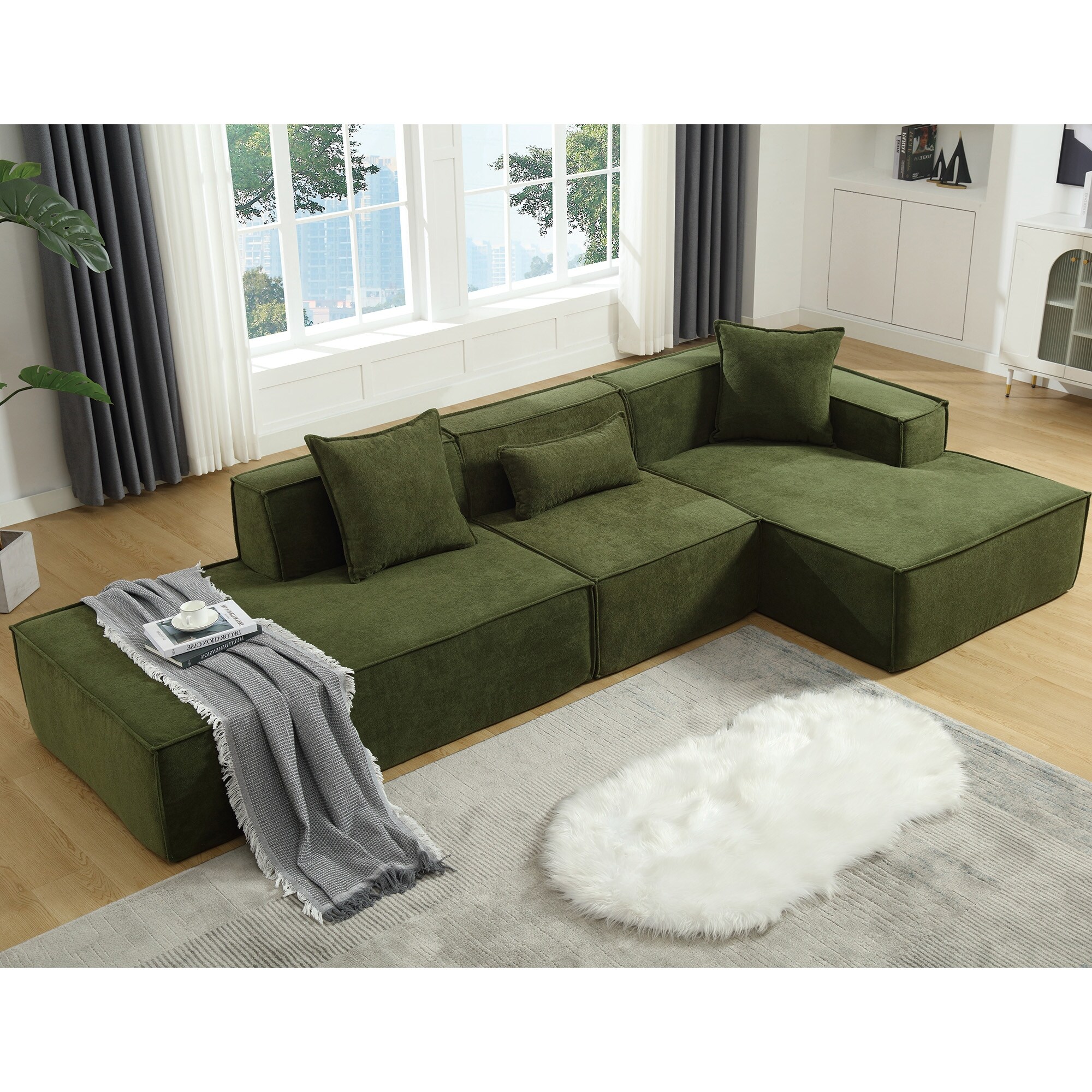 Green Modern Modular Right Facing L Shaped Living Room Combination Sofa Set Italian Minimalist Tofu Block Sofa