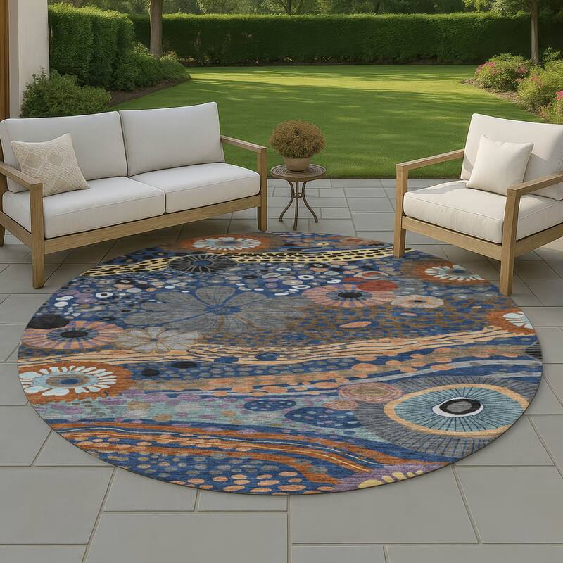 Machine Washable Indoor/ Outdoor Whimsy Floral Chantille Rug - Navy - 8' x 8'